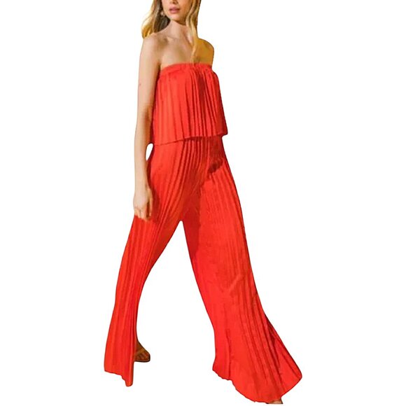 Flying Tomato Pants - NWT Flying Tomato Pleated Strapless Wide-Leg Jumpsuit My Red Tomato Woven Small